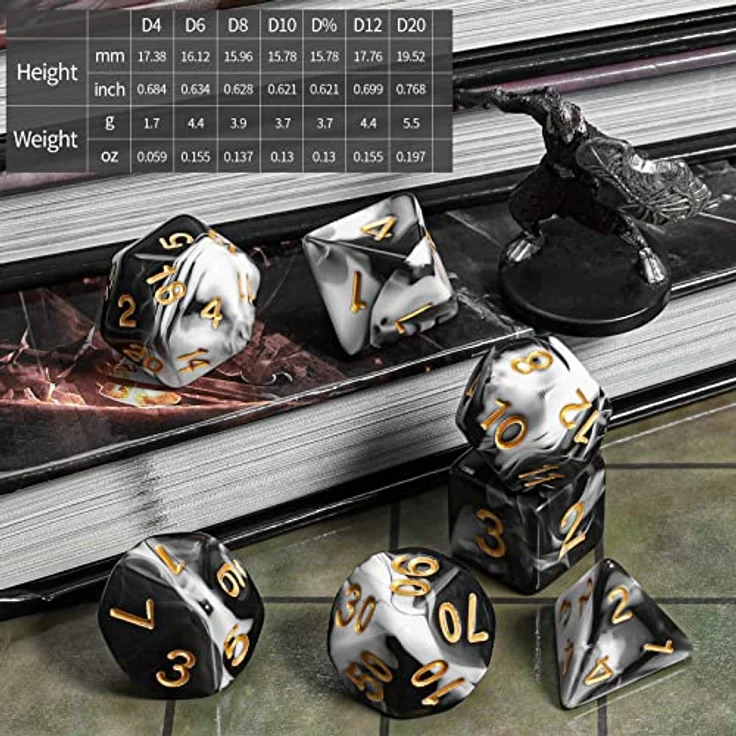QMAY DND Würfel Set, Polyedrische 7er Würfel für Dungeons and Dragons, Schwarz und Weiß, inkl. Samtbeutel, Acryl, leicht lesbar – Bild 3