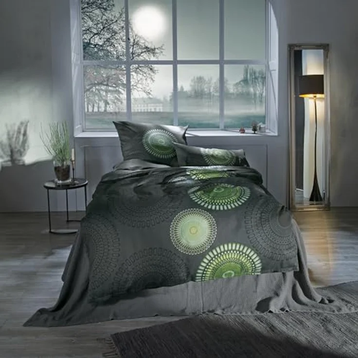 REDBEST Bettwäsche, Bettgarnitur Satin Kreise anthrazit-grün Größe 155x220 cm (40x80 cm) - 100% Baumwolle, mit praktischem Reißverschluss (weitere Größen, Farben) – Bild 2
