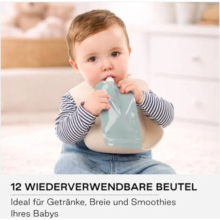 Jané Wiederverwendbare Quetschbeutel 100 ml, 12 Stück, BPA-frei, spülmaschinen- und gefriergeeignet mit Sichtfenster – Bild 2