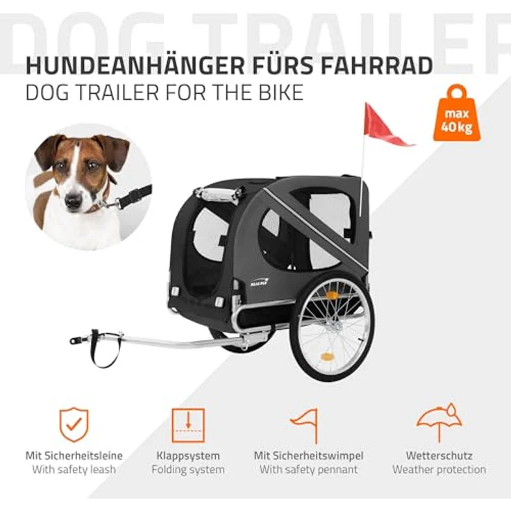 Hauki Fahrradhundeanhänger & Hundebuggy klappbar, 130x72x90 cm Schwarz mit Reflektoren Leine und Flagge bis 4 – Bild 2