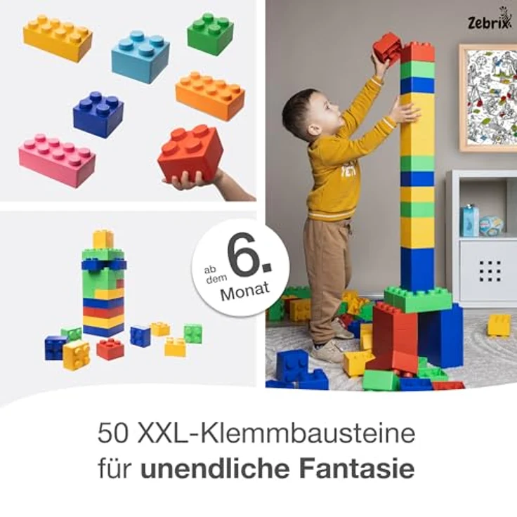 Zebrix XXL 50 Klemmbausteine 7 Farben I Große Bausteine in Pink, Hellblau, Orange, Rot, Grün, Blau und Gelb - (50 Steine) I Für Babys & Kinder I Made in Germany – Bild 5