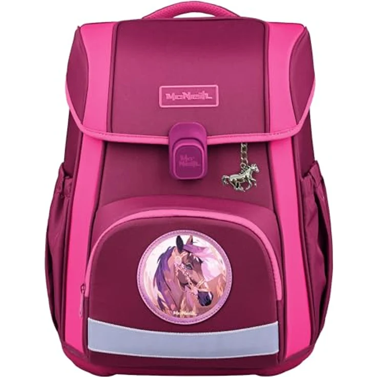 McNeill Schulranzen-Set BRAVO 9tlg. mit ergonomischem ClickFlex-Rückensystem, 21L Volumen, lila Pferde-Design, inkl. gefülltem Etui, Sportbeutel und Trinkflasche – Bild 1