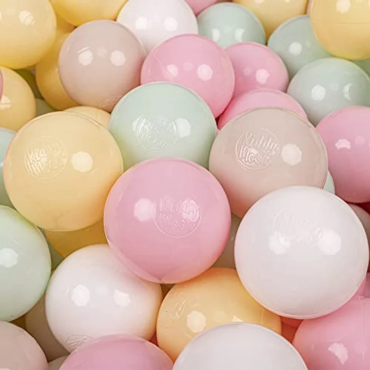 KiddyMoon 300 Bälle/7Cm, Einfarbige Plastikbälle für Bällebad in Pastellbeige/Pastellgelb/Weiß/Minze/Rosa, BPA-frei, Made in EU – Bild 1