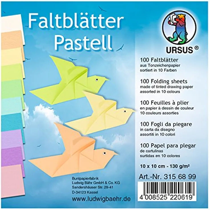 Ursus 3156899 - Faltblätter Pastell, ca. 10 x 10 cm, 130 g/qm, 100 Blatt in 10 verschiedenen Farben, aus Tonzeichenpapier