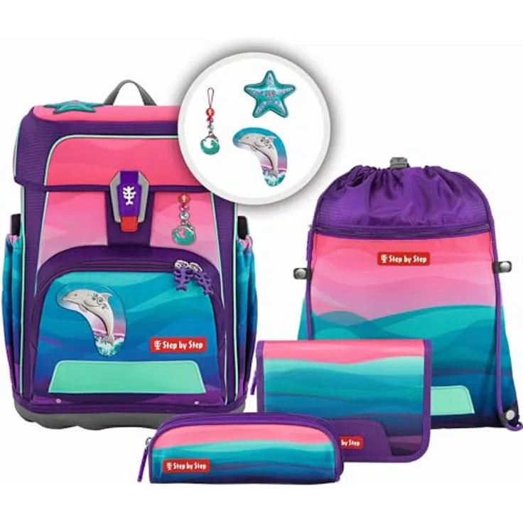 Step by Step CLOUD OCEAN Schulranzen-Set Dolphin Lana 5-tlg., ergonomisches Design, reflektierende Applikationen, blau