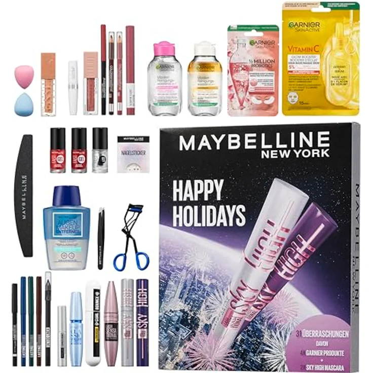 Maybelline New York Adventskalender 2025, 31 Türchen mit 26 Originalprodukten & 5 Goodies, inkl. 2 Sky High Mascara & 4 Garnier Skincare Produkten – Bild 1
