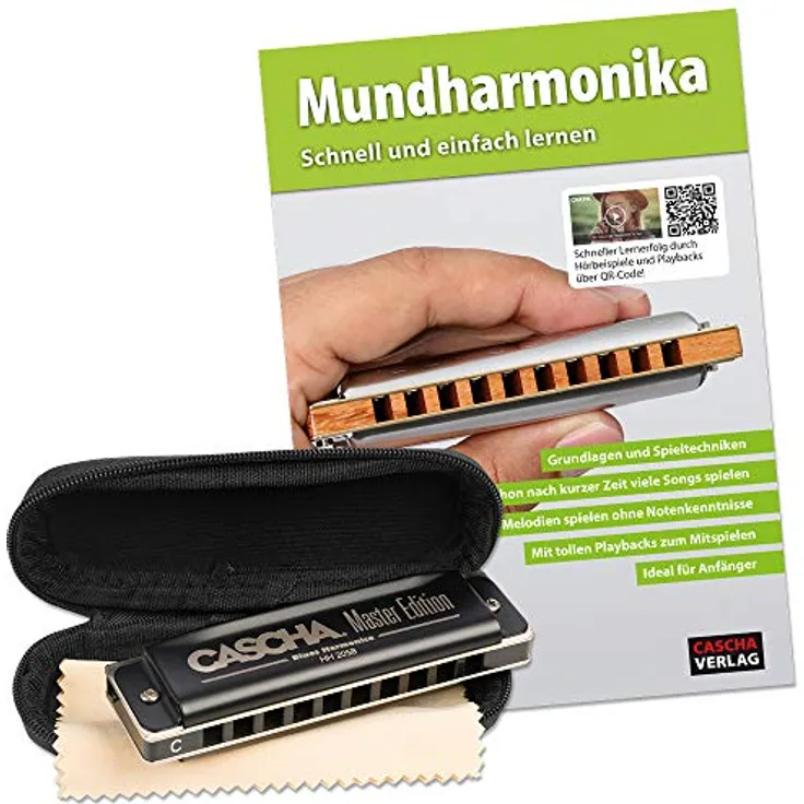 CASCHA HH 1630 DE Mundharmonika Lern-Set inklusive hochwertiger Harmonika in C-Dur diatonisch, Einsteiger Schule, Case und Pflegetuch, ideal für Anfänger und Erwachsene