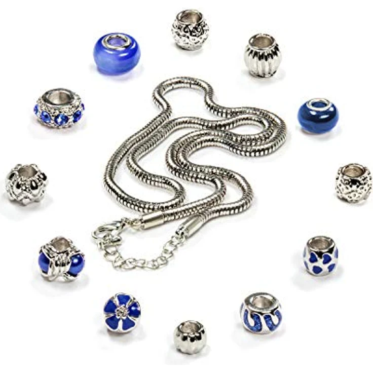 VALIOSA Merry Christmas Mode-Schmuck Adventskalender mit Halskette, Armband + 22 individuelle Perlen-Anhänger aus Glas & Metall, Geschenkidee für Mädchen, blau, 24-teilig – Bild 3