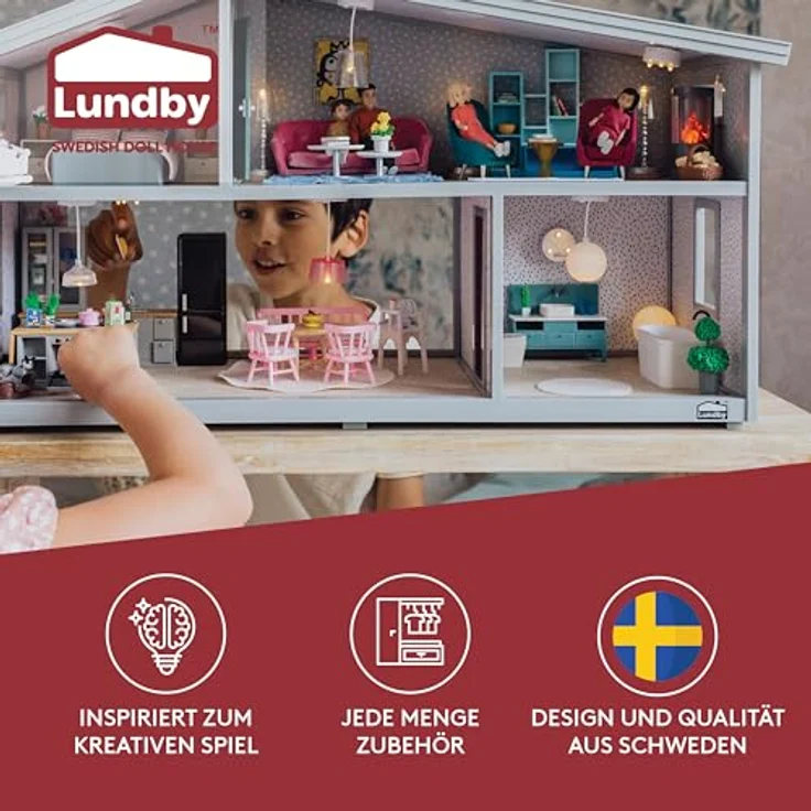 Lundby Puppenhaus Badezimmer Möbel - 5 teilig - Miniatur Toilette, Waschbecken, Teppich und Miniatur Badewanne - Toilette Puppenhaus Möbel Set - Puppenmöbel Puppenhaus Zubehör - 11cm Puppen 1:18 – Bild 3