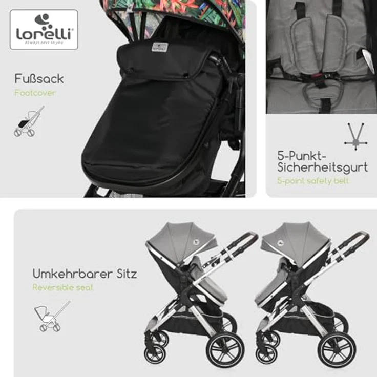 Lorelli Kinderwagen Viola 2 in 1, Kombikinderwagen bis 22 kg inkl. Babywanne und Sportsitz, Sportbuggy, Reisebuggy, Baby Buggy klein zusammenklappbar, große Gummireifen, Federung, blumenmotiv – Bild 3