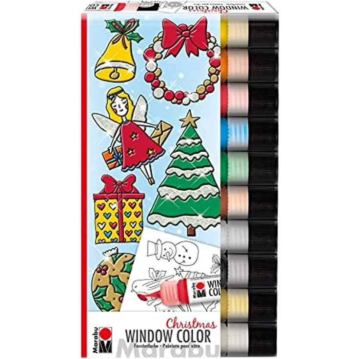 Marabu Window Color Christmas Set, 10 Fenstermal-Farben á 25 ml mit 20 Mal-Motiven, wasserbasierte Farben für Glas, Spiegel, Fliesen, bunte Farben inklusive Glitter-Silber und Gold – Bild 1