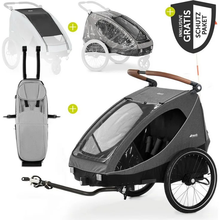 Hauck Dryk Duo Fahrradkinderanhänger - Melange Grey, Buggy für 2 Kinder mit Babysitz Lounger & Schutzpaket