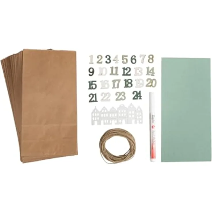 Rayher Bastelpackung Adventskalender „Nordic Häuser“, 24 Papiertüten 10,5 x 21 cm, DIY-Set mit Acryl-Marker weiß, Holzzahlen 1-24 und Jutegarn