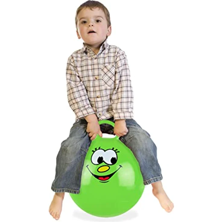 relaxdays Hüpfball für Kinder, grün, mit Griff und fröhlichem Gesicht, fördert Gleichgewicht und Muskelaufbau, max. Traglast 150 kg – Bild 1