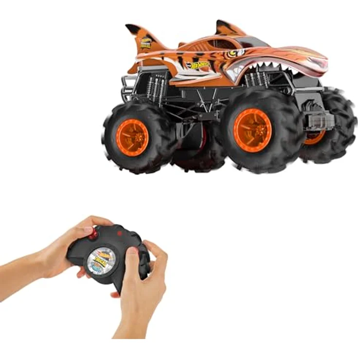 Hot Wheels HW Tigerhai RC, Ferngesteuertes Monster Truck im Maßstab 1:24 mit Allradfunktionen und Action-Geländereifen, 30 m Reichweite, bis zu 8 km/h, HNV03 – Bild 2