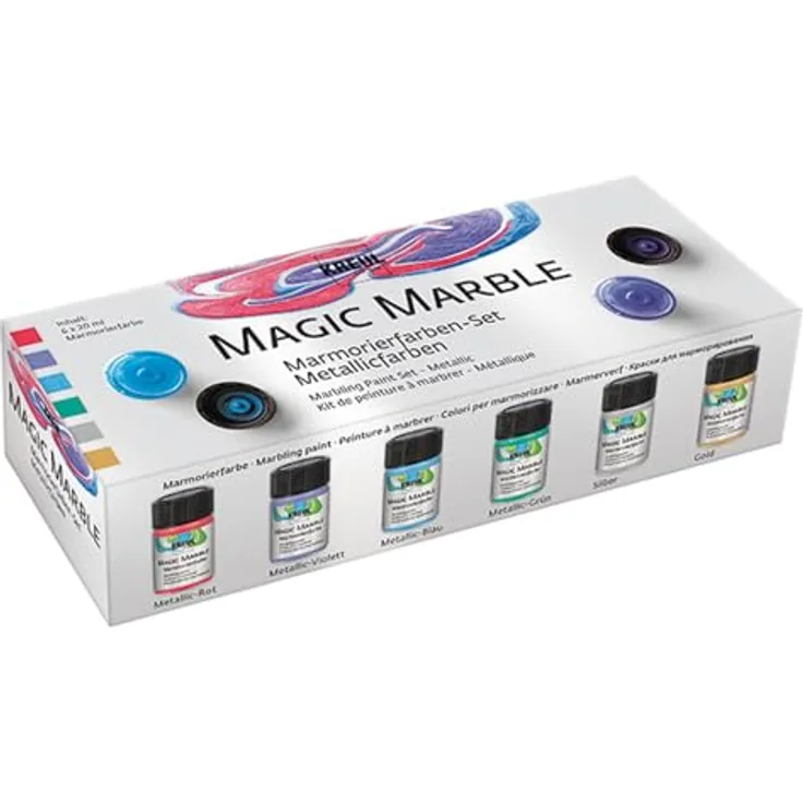 KREUL Magic Marble Marmorierfarbe Metallic Set, 6 x 20 ml in gold, silber, blau, grün, rot und violett für Tauchmarmorieren von Holz, Glas, Kunststoff, Papier und Metall