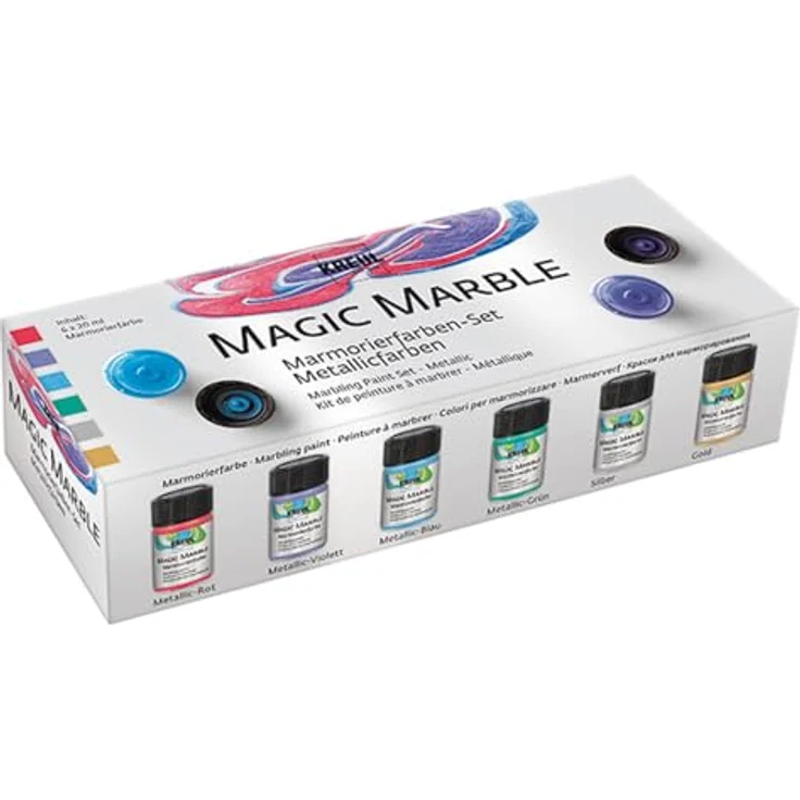 KREUL Magic Marble Marmorierfarbe Metallic Set, 6 x 20 ml in gold, silber, blau, grün, rot und violett für Tauchmarmorieren von Holz, Glas, Kunststoff, Papier und Metall – Bild 1