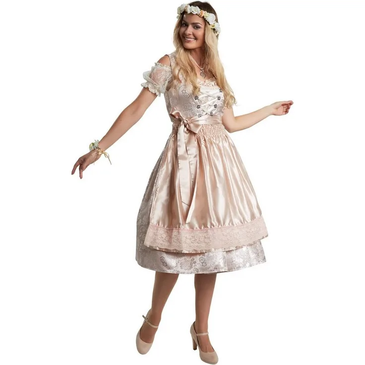 "dressforfun Midi-Dirndl Traunstein Modell 2, Damen Dirndl mit feiner Schnürung und Strasssteinen, Beige/Silber"
