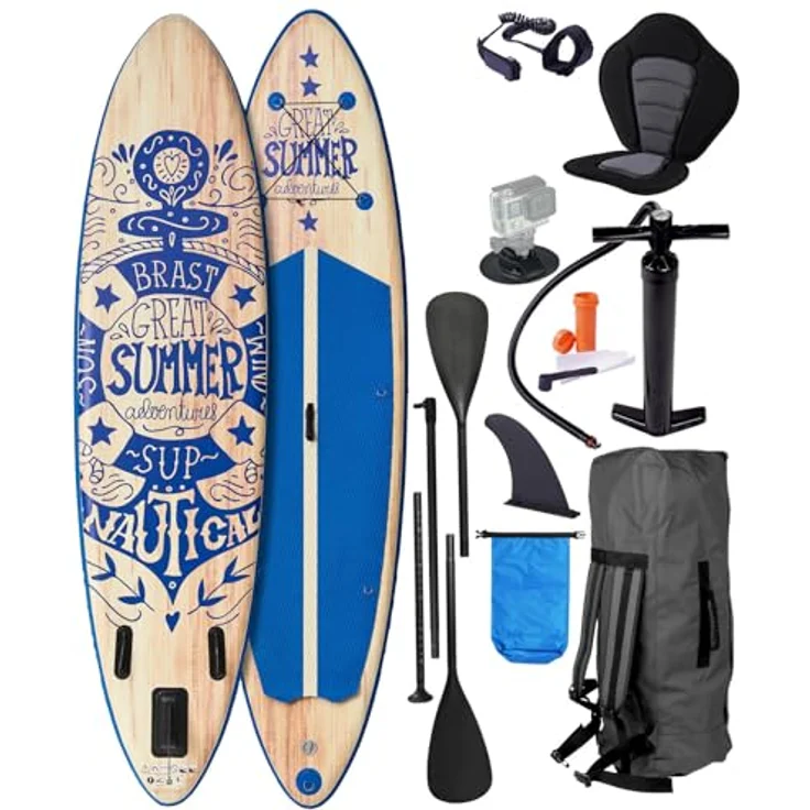 BRAST® SUP Board Summer, aufblasbares Stand Up Paddle Set, 320x81x15cm, 140kg Tragkraft, 5 Jahre Garantie, inkl. Kajaksitz, 2in1 Paddel, Action-Cam-Halterung, Fußschlaufe, Natural Blau – Bild 1