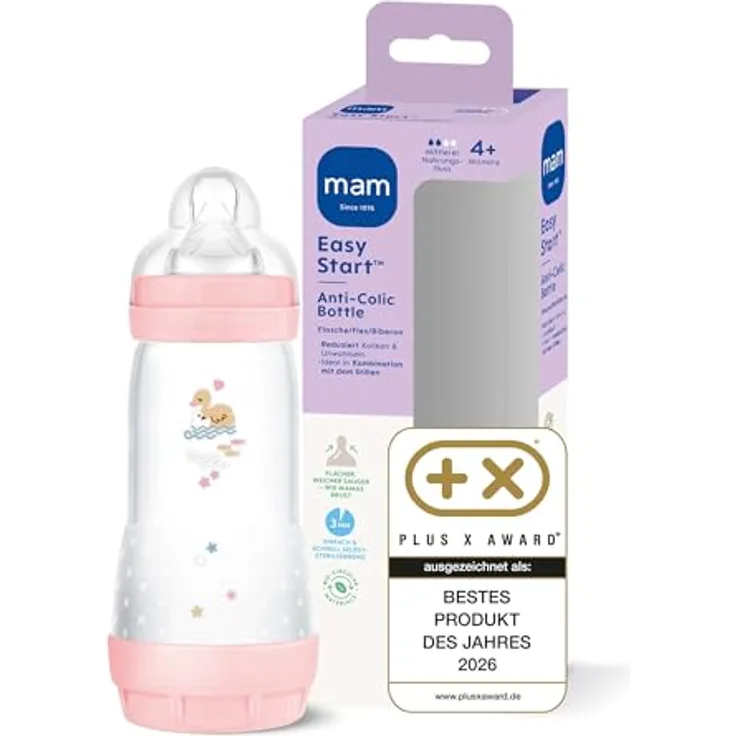 MAM Easy Start Baby Weithalsflasche, mit SkinSoft Trinksauger, 160/260 ml, Mint, Creme oder Rosa, antikolisch und auslaufsicher mit Schutzkappe
