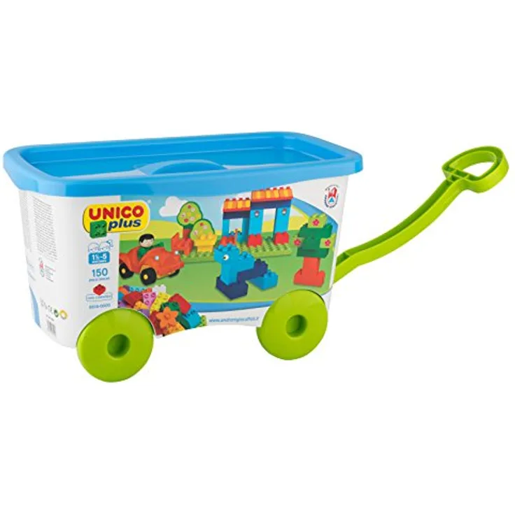 Simba Androni Giocattoli Unico Plus Trolley with 150 Building Bricks, Roller, Blue