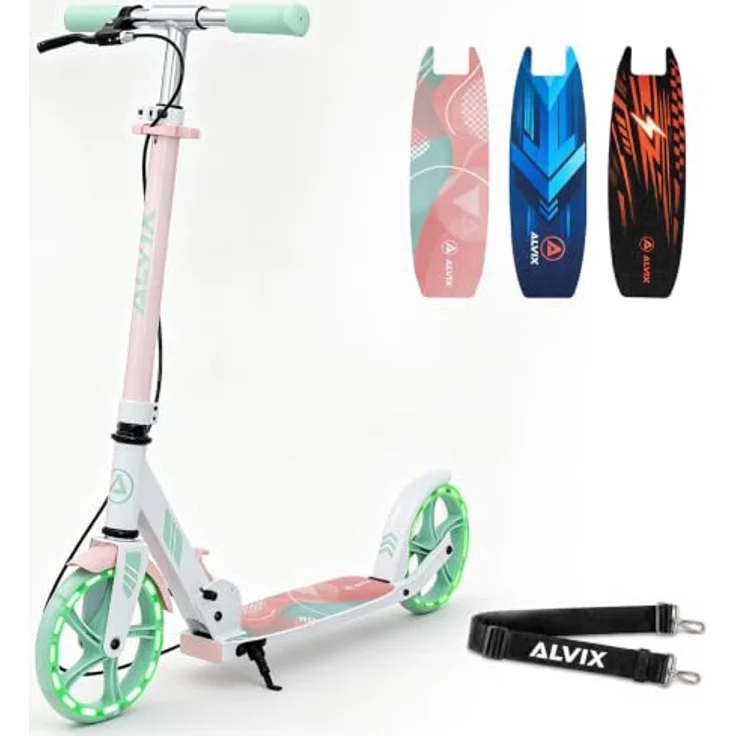 ALVIX Cityroller Kinderroller K-Serie mit Handbremse, faltbar, 200-mm-LED-Räder, breites 120-mm-Deck, Tragegurt, empfohlen ab 6 Jahren – Bild 1