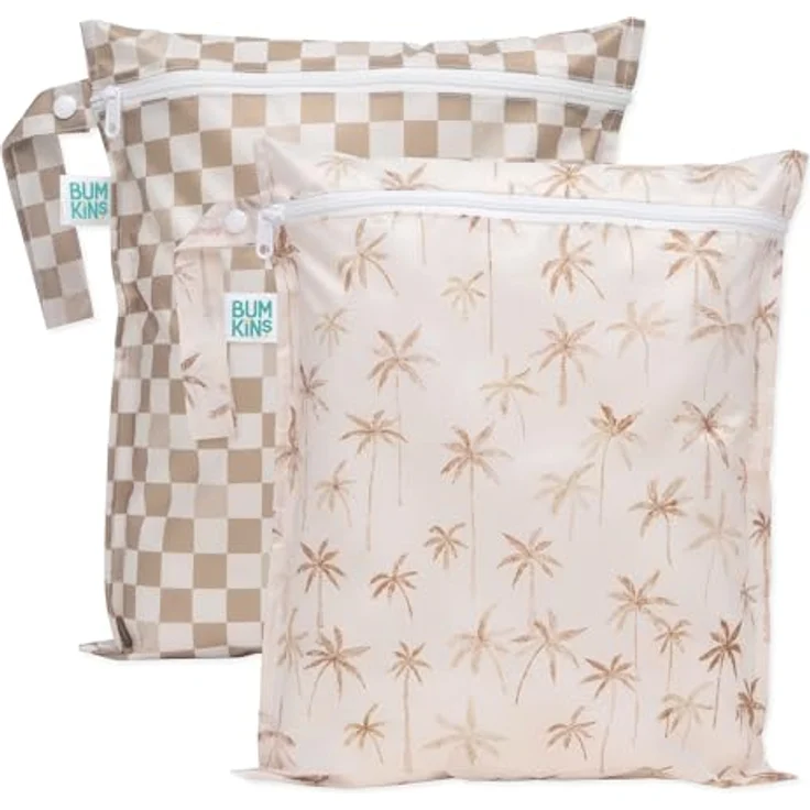 Bumkins wasserdichte Wetbag, wiederverwendbare Nasstasche für Stoffwindeln, Palm Daze & Sand Check, auslaufgeschützt, maschinenwaschbar, polyesterfrei – Bild 1