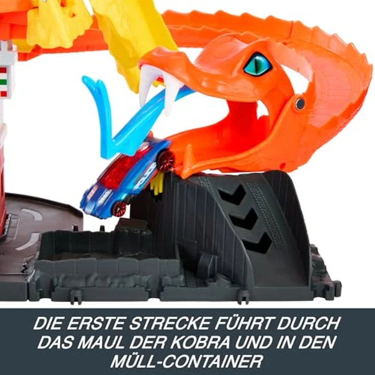 Hot Wheels Autorennbahn City Cobra Slam Pizza Attack, inkl. 1 Spielzeugauto mit spannenden Streckendetails und interaktivem Kobra-Element – Bild 3