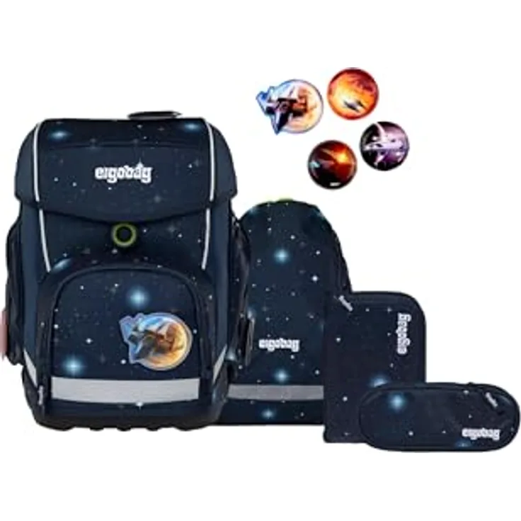 ergobag cubo Set, ergonomischer Schulrucksack 5-teilig, Klassisch für 1. Klasse, individuell gestaltbar, mit reflektierenden Elementen und stabiler Bodenwanne, 28 x 40 x 25 cm