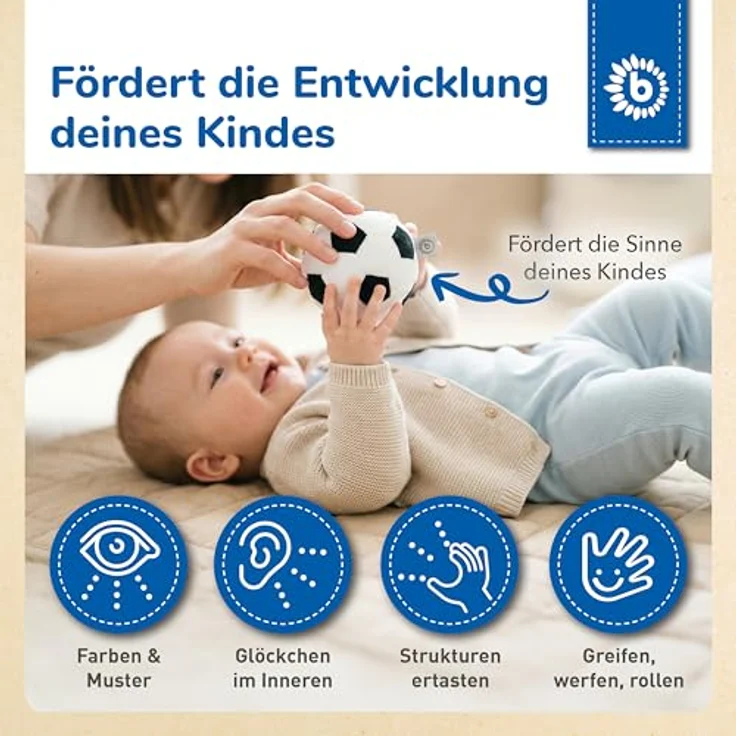 Bieco Softball Fußball mit Rassel, Ø 10 cm, weicher Plüschball für Babys, fördert Motorik und Sinne, maschinenwaschbar – Bild 4