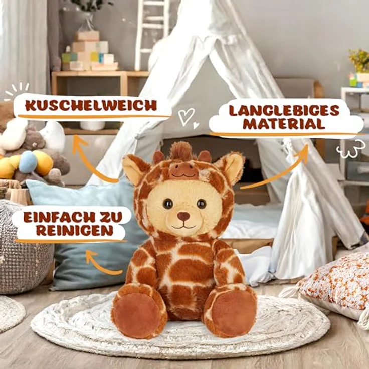 BRUBIES Teddy Giraffe, 25 cm Teddybär im Giraffenkostüm mit abnehmbarer Kapuze, plüschiges Kuscheltier für Kinder, ideal als Geschenk – Bild 5