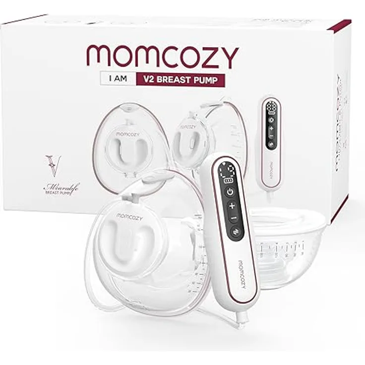 Momcozy V2, Ultraleichte Freihändige Milchpumpe mit 27 Pumpkombinationen, Geräuscharm und Schmerzfrei, Doppelpumpe mit 5 Flanschgrößen (17/19/21/24/27 mm)