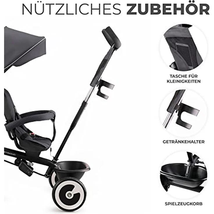 Kinderkraft ASTON Dreirad mit schubstange, drehbarem Sitz und ausklappbarem Verdeck, Grau – Bild 5