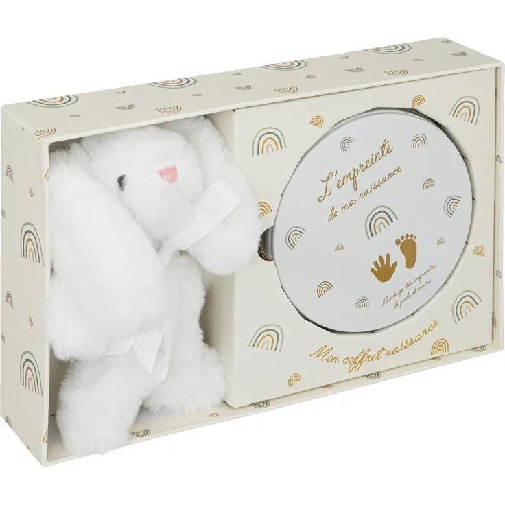 Atmosphera for Kids Bedruckte Box und Plüschtier Set, Plüschhase in Weiß mit goldenen Details, 28x17 cm, für Neugeborene