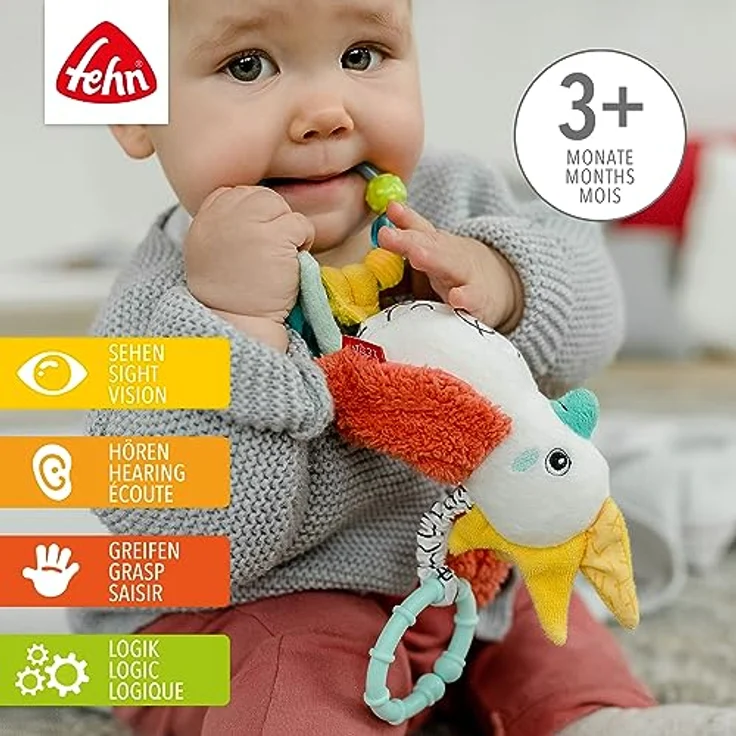 Fehn Zwitscher-Vogel – Baby Motorikspielzeug mit Perlenring für Kinderwagen, Kinderbett und Babyschale – zum Fühlen, Greifen und Geräusche erzeugen – Spielzeug für Babys und Kinder ab 3+ Monaten – Bild 2