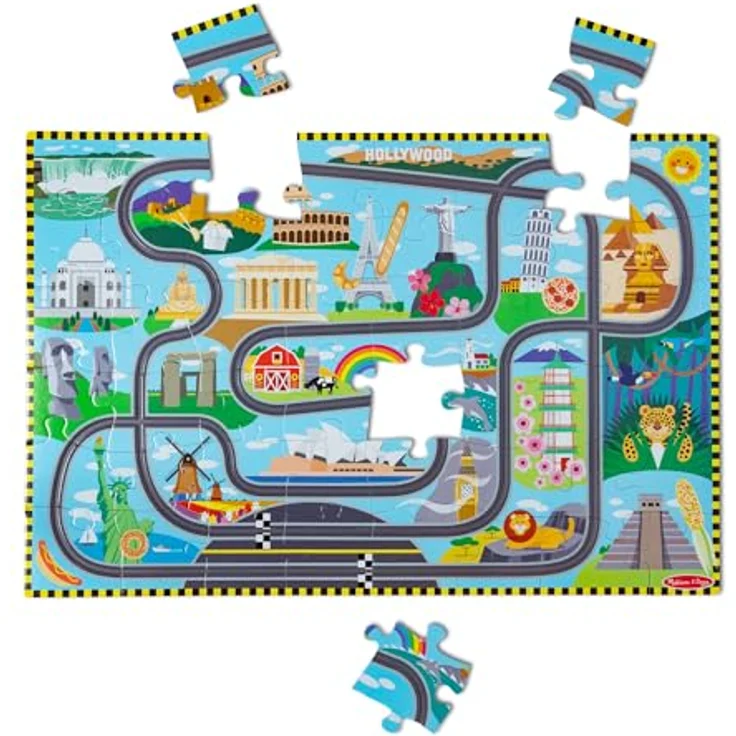 Melissa & Doug Bodenpuzzle aus Karton Schienen um die ganze Welt und aufziehbare Fahrzeuge – 48 Teile, für Jungen und Mädchen ab 3 Jahren – Bild 4