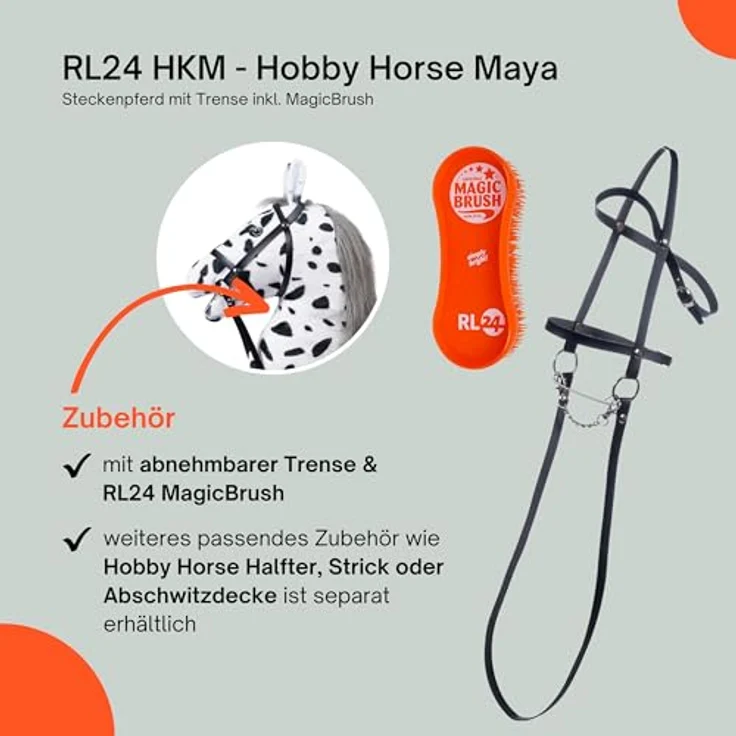 RL24 HKM Hobby Horse Maya, Steckenpferd aus Plüsch mit Holzstock, Trense, langer Mähne, ideal für Hobby Horsing, weiß – Bild 5