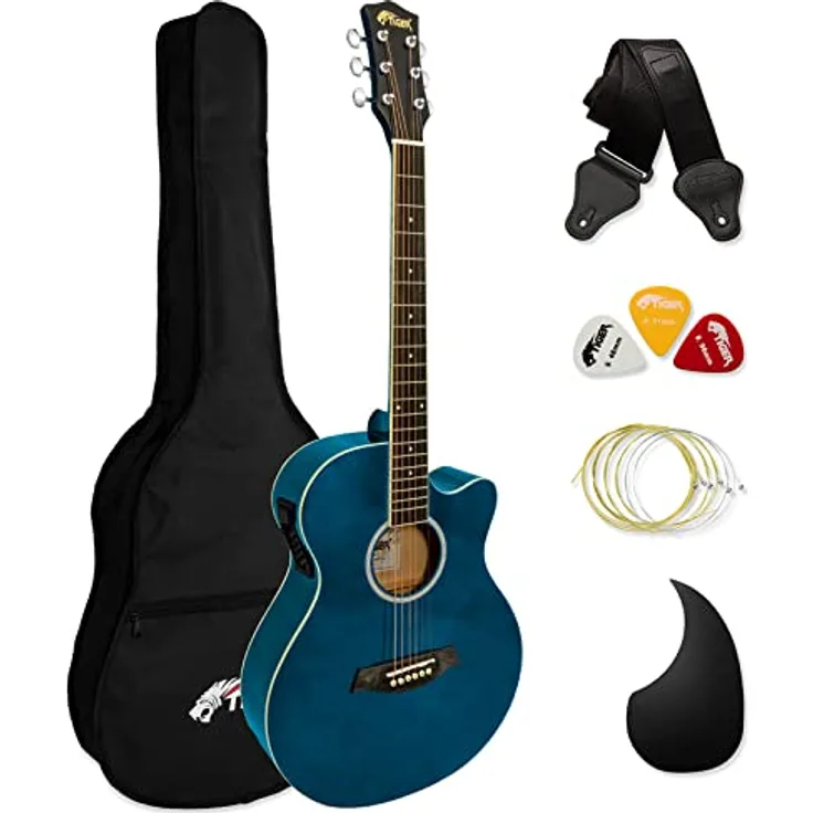 TIGER ACG4-BL Full-Size Elektro-Akustische Gitarre, Paket für Anfänger, mit eingebautem Tuner und EQ - Blau