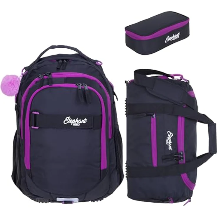 Elephant HERO Signature 2, 3 Teile Set Schulrucksack Lila mit Laptopfach, Sporttasche und Mäppchen – Bild 1