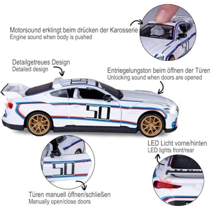 JAMARA 402622 BMW 3.0 CSL Diecast 1:34, Modellauto mit LED Licht, manuell öffnenden Türen und Rückzugmotor, Geschenkidee für Kinder – Bild 4