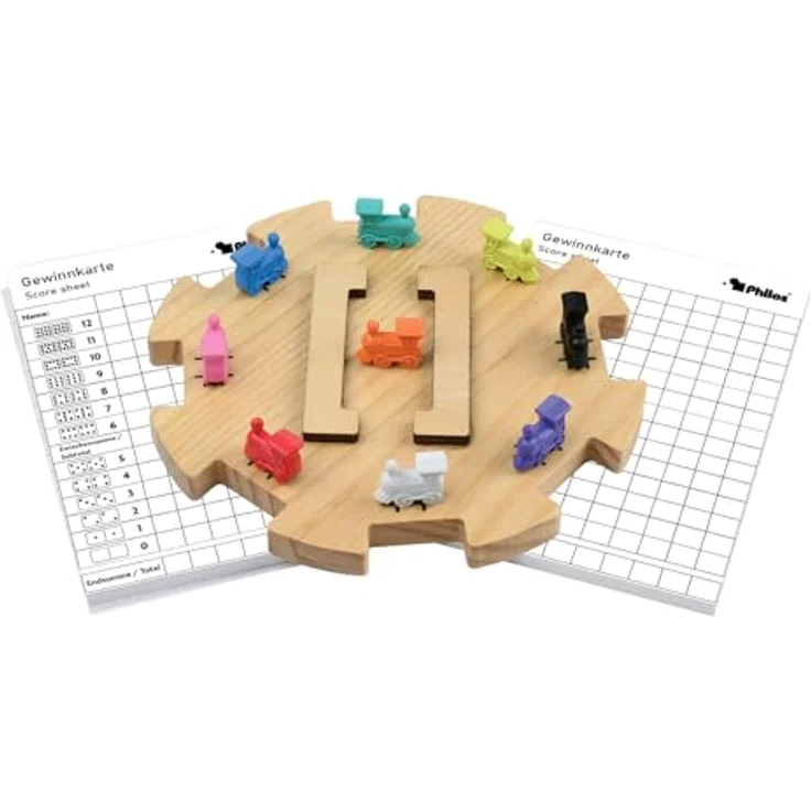 Philos 3631 - Domino Mexican Train Erweiterungs-Set mit 9 Metallzügen, 2 Notizblöcken und Holz Zug-Station für 2-8 Spieler, kompakte Größe 165 x 165 x 12 mm – Bild 1