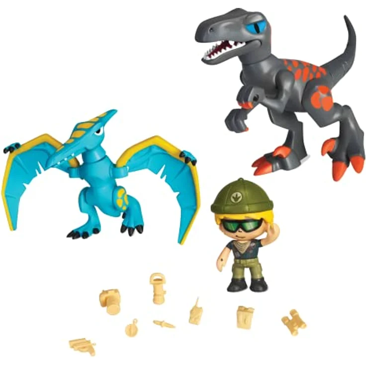 Merkloos Action Heroes Spielfiguren-Set, Dino-Abenteuer mit Velociraptor, Pterodactylus und Entdecker-Figur, 12 cm Höhe – Bild 3