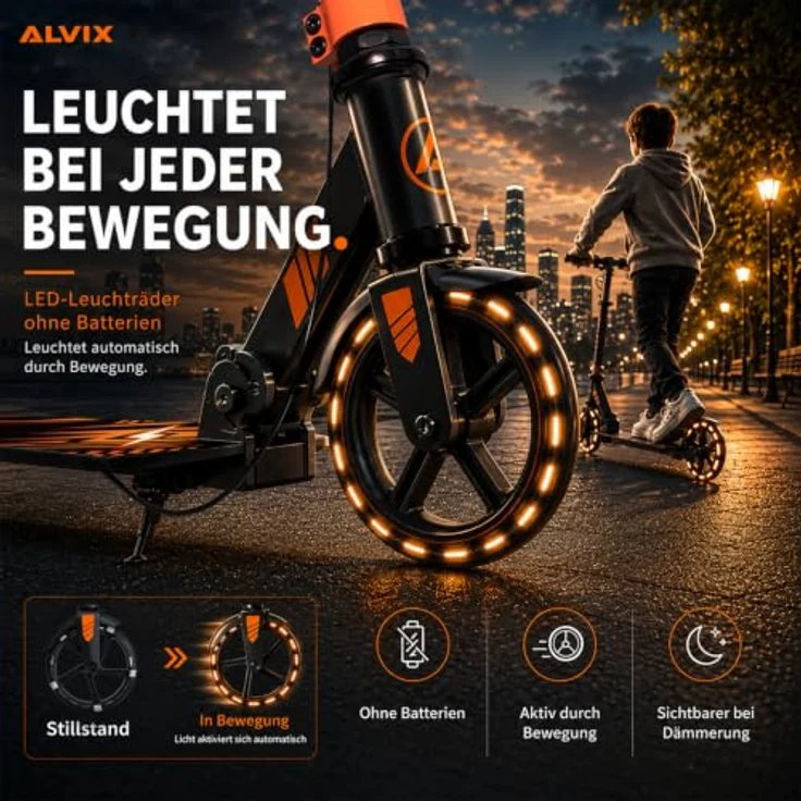 ALVIX Cityroller Kinderroller K-Serie, faltbar mit Handbremse, 200-mm-LED-Rädern, breites 120-mm-Deck, Tragegurt, für Kinder ab 6 Jahren – Bild 6