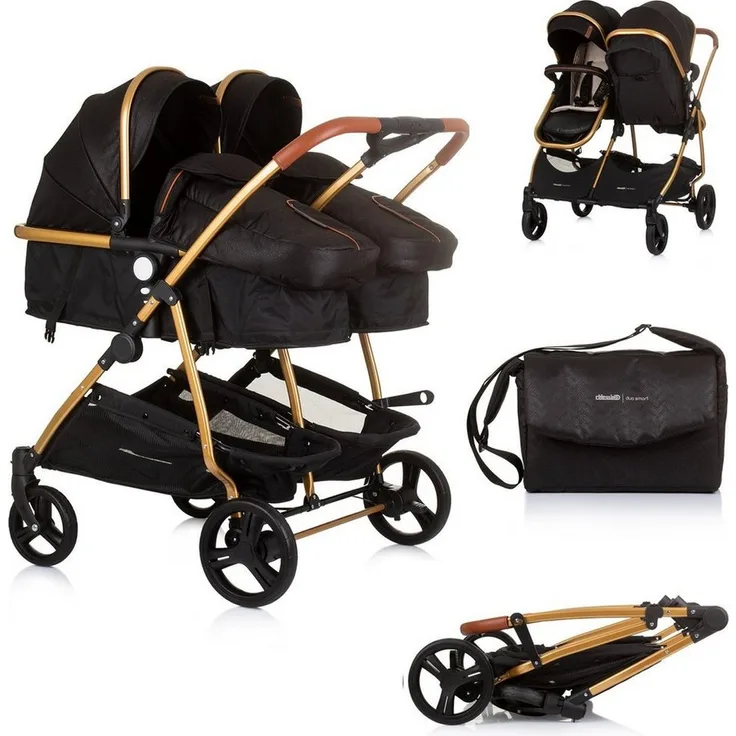 Chipolino Geschwisterwagen Geschwisterkinderwagen Duo Smart, klappbar, umbaubar, verstellbar, Fußsack, Aluminiumrahmen, schwarz
