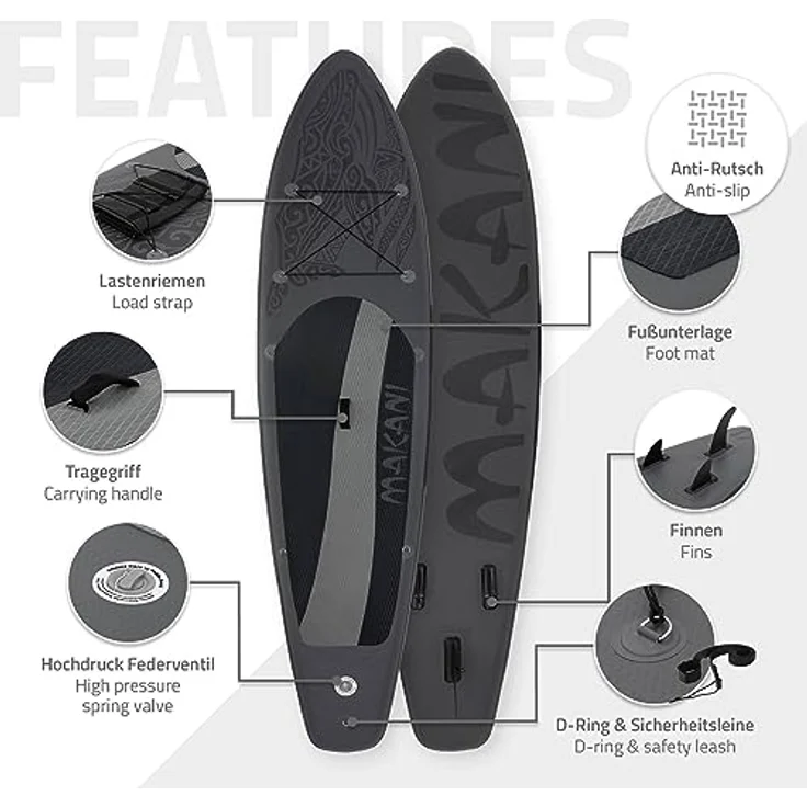 ECD Germany Aufblasbares Stand Up Paddle Board Makani | 320x82x15 cm | Schwarz | PVC | bis 150 kg | Pumpe Tragetasche Zubehör – Bild 3