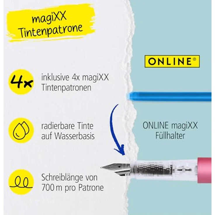 Online Pen magiXX Radierbarer Füller, blaue Tinte, inkl. 4 Patronen, Schreibgerät für Rechts- und Linkshänder – Bild 7