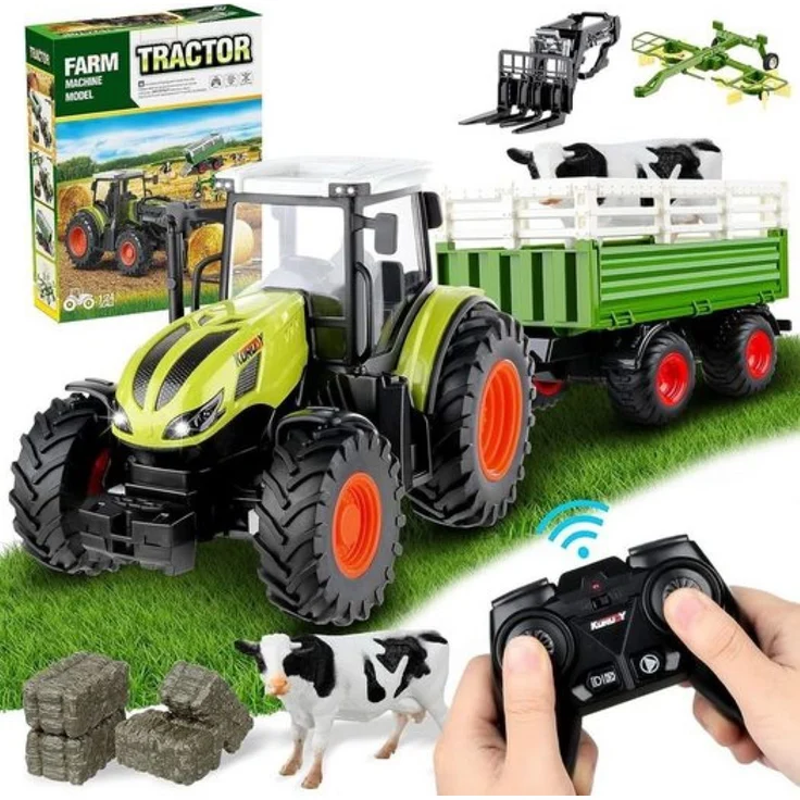 ESUN Ferngesteuerter Traktor Spielzeug, 3 in 1 RC Traktor für Kinder, Bauernhof Spielzeug ab 2 3 Jahre, Hochkompatibel, 1:24 Maßstab, 50 Minuten Fahrtzeit, 2.4G Fernbedienung, blau