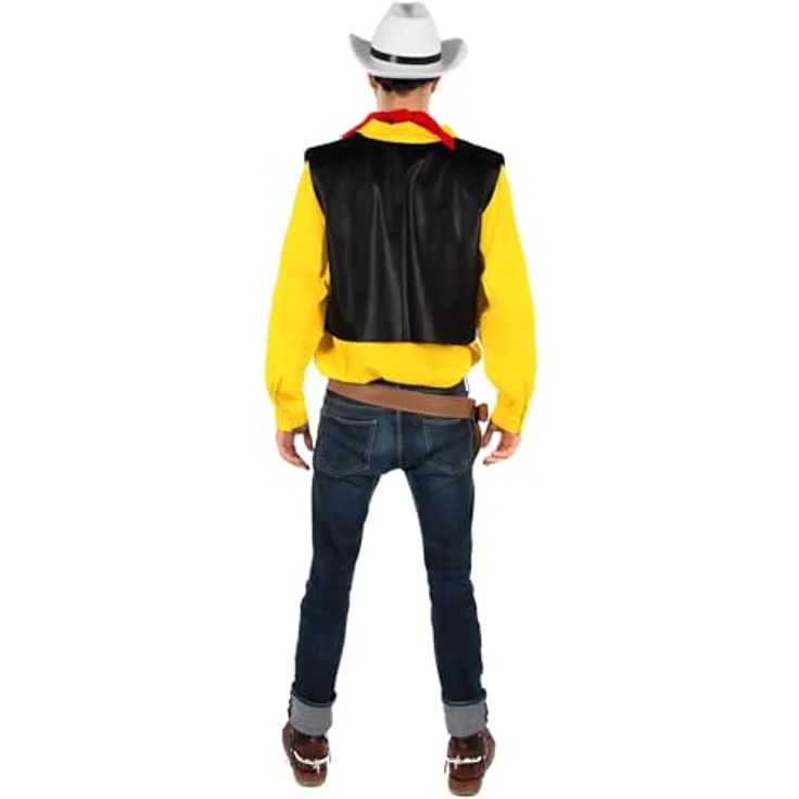 Maskworld Lucky Luke Comic Cowboy Western Kostüm für Herren, 4-teiliges Set in XL, gelbes Hemd, schwarze Weste, rotes Halstuch, Pistolenholster – Bild 4