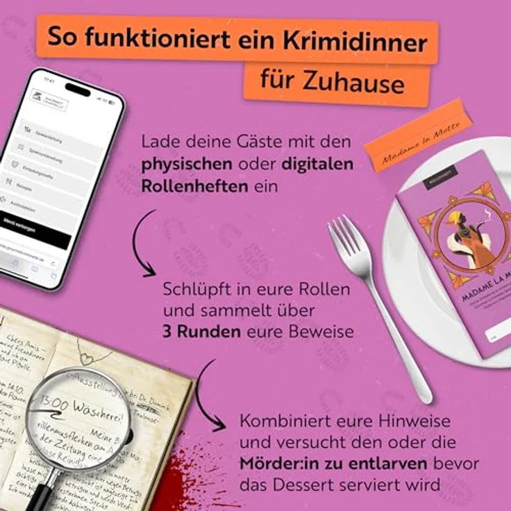 Gourmet Criminelle® Krimidinner für zuhause, Mordfall Maskenmord am Eiffelturm, für 4-6 Spieler ab 16 Jahren, spannendes Krimi Dinner Spiel mit digitalen Einladungen und Rezepten – Bild 3