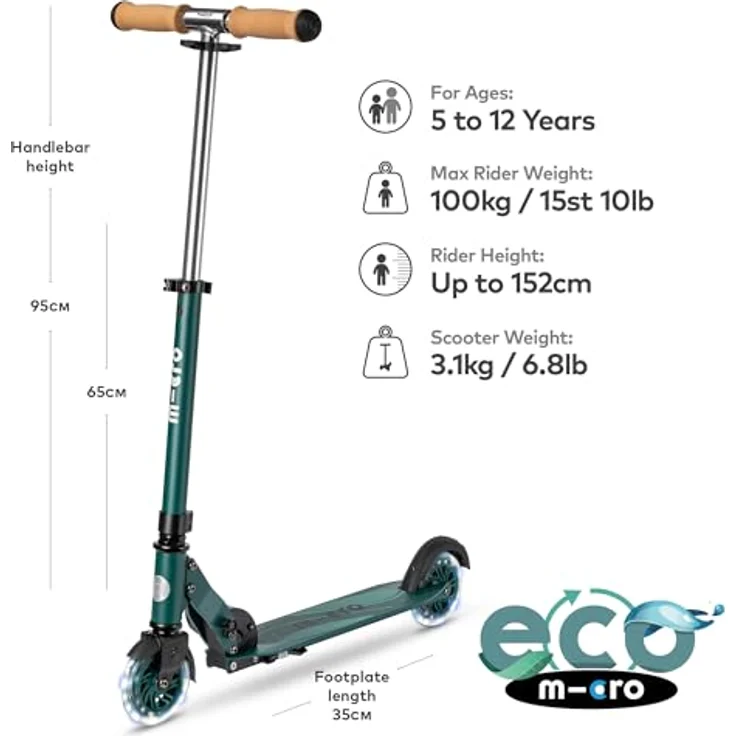 MICRO Micro Sprite ECO LED grüner Roller, faltbarer Scooter mit leuchtenden LED-Rädern – Bild 3